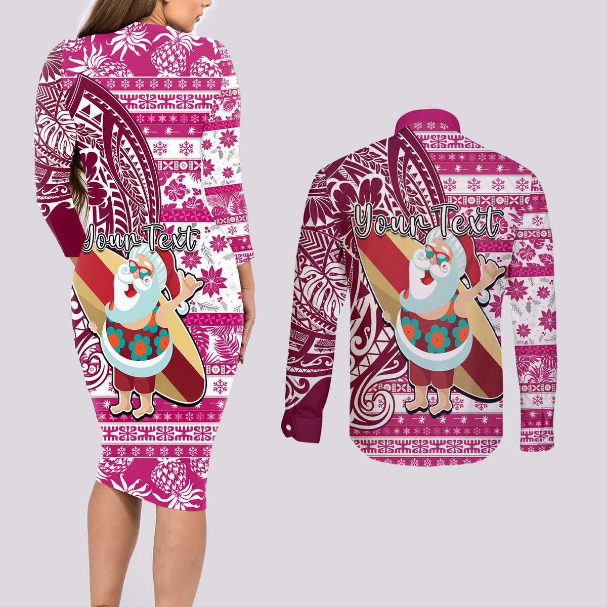 Custom Hawaii Mele Kalikimaka Couples Matching Long Sleeve Bodycon Dress and Long Sleeve Button Shirt Santa Claus Surfing with Hawaiian Pattern Striped Pink Style LT03 - Polynesian Pride