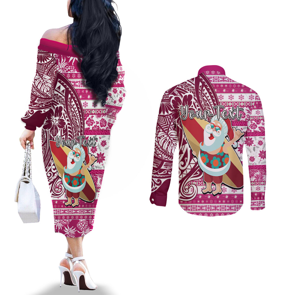 Custom Hawaii Mele Kalikimaka Couples Matching Off The Shoulder Long Sleeve Dress and Long Sleeve Button Shirt Santa Claus Surfing with Hawaiian Pattern Striped Pink Style LT03 - Polynesian Pride