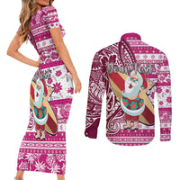 Custom Hawaii Mele Kalikimaka Couples Matching Short Sleeve Bodycon Dress and Long Sleeve Button Shirt Santa Claus Surfing with Hawaiian Pattern Striped Pink Style LT03 - Polynesian Pride