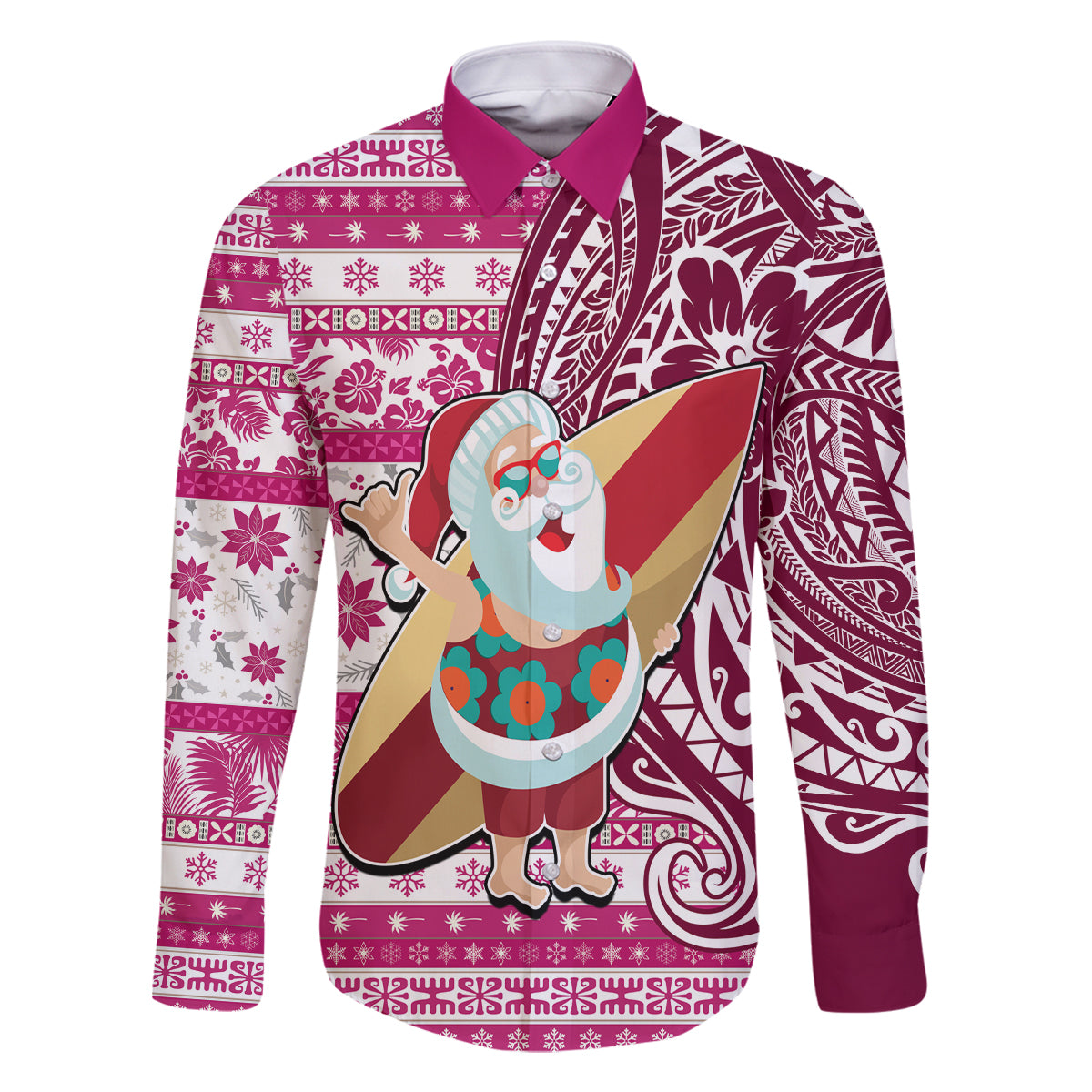 Custom Hawaii Mele Kalikimaka Family Matching Off Shoulder Maxi Dress and Hawaiian Shirt Santa Claus Surfing with Hawaiian Pattern Striped Pink Style LT03 Dad's Shirt - Long Sleeve Pink - Polynesian Pride