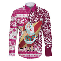 Custom Hawaii Mele Kalikimaka Family Matching Off Shoulder Short Dress and Hawaiian Shirt Santa Claus Surfing with Hawaiian Pattern Striped Pink Style LT03 Dad's Shirt - Long Sleeve Pink - Polynesian Pride