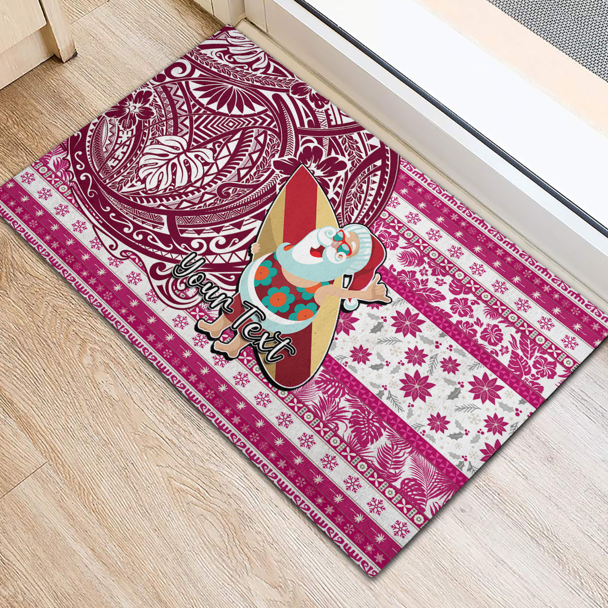 Custom Hawaii Mele Kalikimaka Rubber Doormat Santa Claus Surfing with Hawaiian Pattern Striped Pink Style LT03 - Polynesian Pride