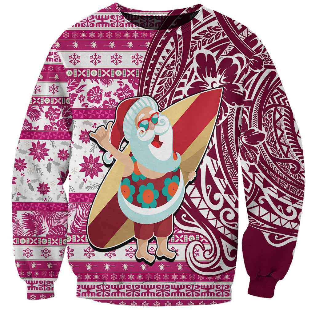 Custom Hawaii Mele Kalikimaka Sweatshirt Santa Claus Surfing with Hawaiian Pattern Striped Pink Style LT03 Unisex Pink - Polynesian Pride