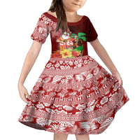 Hawaii Mele Kalikimaka Family Matching Off Shoulder Long Sleeve Dress and Hawaiian Shirt Santa Claus and Hula Girl Tropical Folwer with Hawaiian Pattern LT03 Daughter's Dress Red - Polynesian Pride
