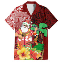 Hawaii Mele Kalikimaka Family Matching Off Shoulder Maxi Dress and Hawaiian Shirt Santa Claus and Hula Girl Tropical Folwer with Hawaiian Pattern LT03 Dad's Shirt - Short Sleeve Red - Polynesian Pride