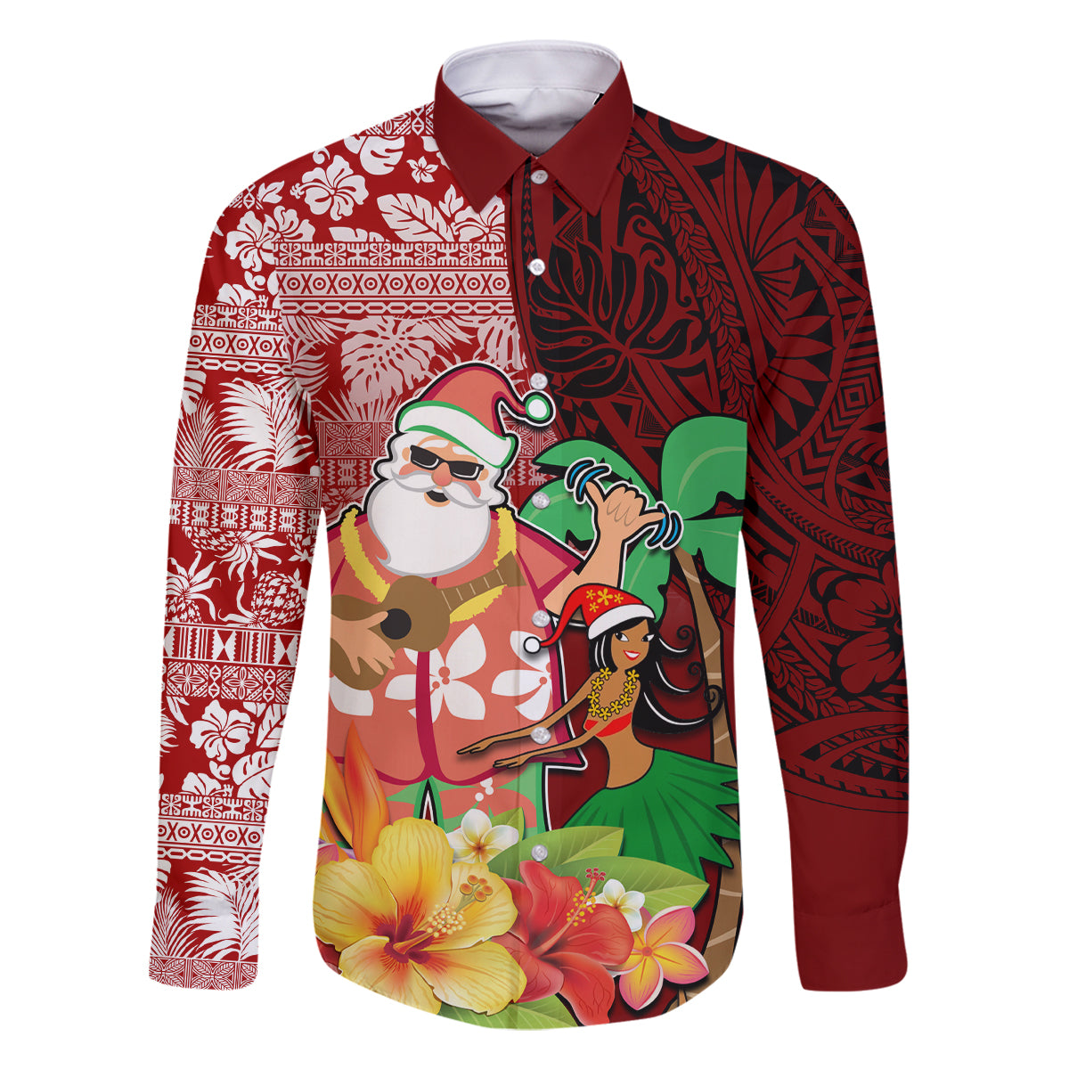 Hawaii Mele Kalikimaka Family Matching Off Shoulder Maxi Dress and Hawaiian Shirt Santa Claus and Hula Girl Tropical Folwer with Hawaiian Pattern LT03 Dad's Shirt - Long Sleeve Red - Polynesian Pride