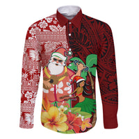 Hawaii Mele Kalikimaka Family Matching Off Shoulder Maxi Dress and Hawaiian Shirt Santa Claus and Hula Girl Tropical Folwer with Hawaiian Pattern LT03 Dad's Shirt - Long Sleeve Red - Polynesian Pride