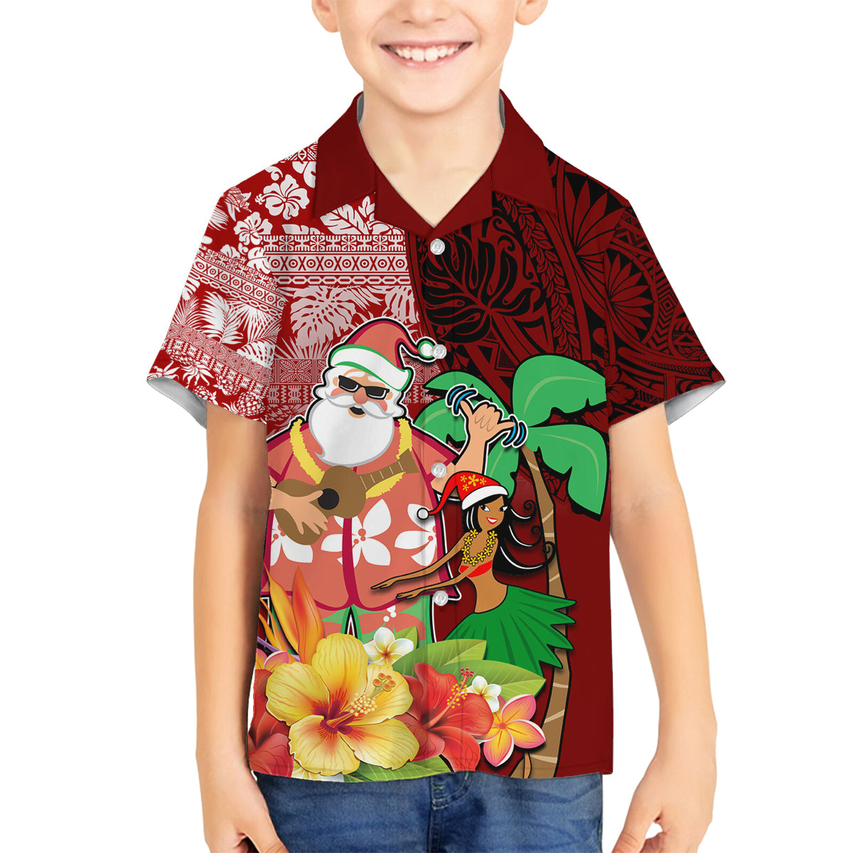 Hawaii Mele Kalikimaka Family Matching Off Shoulder Maxi Dress and Hawaiian Shirt Santa Claus and Hula Girl Tropical Folwer with Hawaiian Pattern LT03 Son's Shirt Red - Polynesian Pride