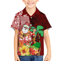 Hawaii Mele Kalikimaka Family Matching Off Shoulder Maxi Dress and Hawaiian Shirt Santa Claus and Hula Girl Tropical Folwer with Hawaiian Pattern LT03 Son's Shirt Red - Polynesian Pride