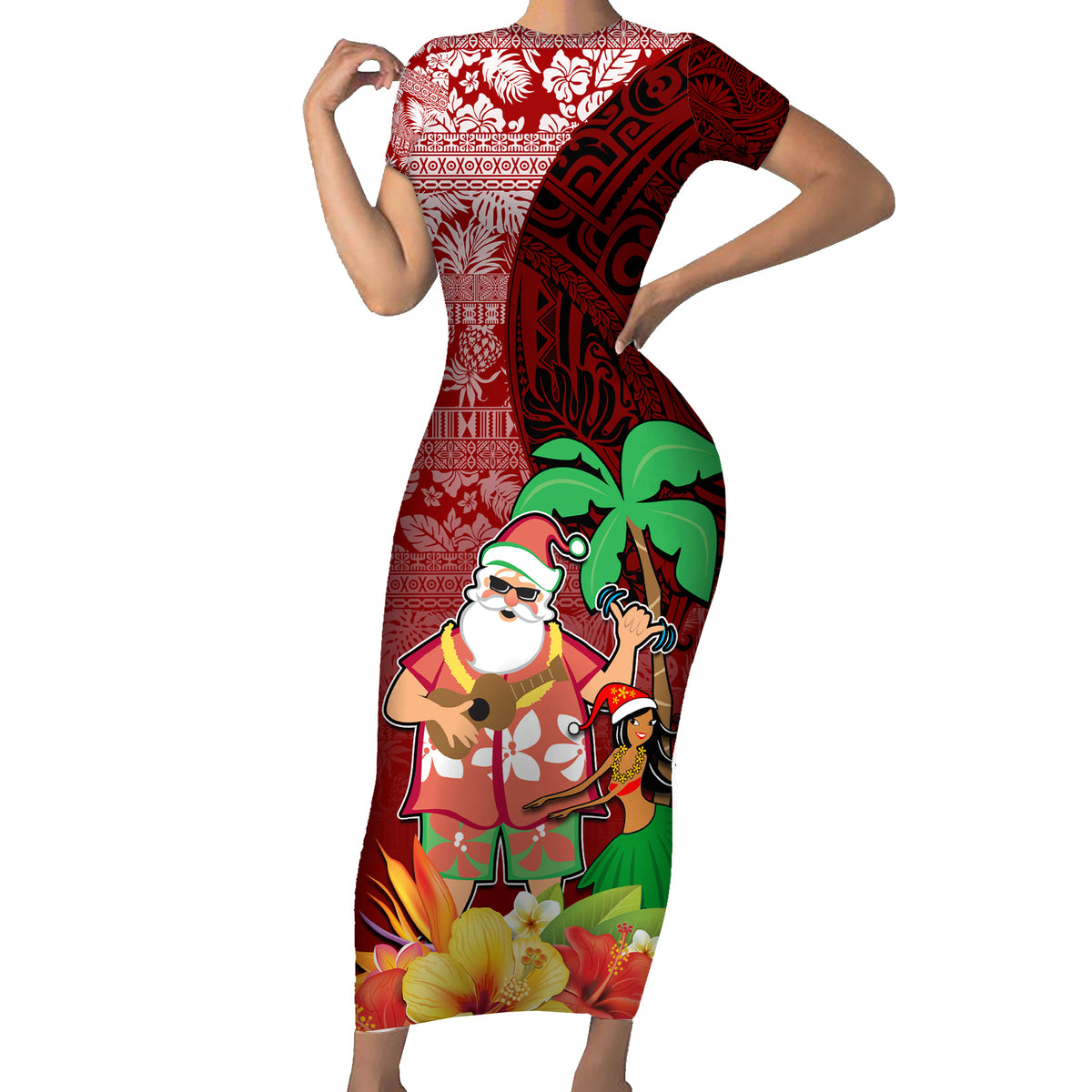 Hawaii Mele Kalikimaka Family Matching Short Sleeve Bodycon Dress and Hawaiian Shirt Santa Claus and Hula Girl Tropical Folwer with Hawaiian Pattern LT03 Mom's Dress Red - Polynesian Pride