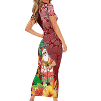 Hawaii Mele Kalikimaka Family Matching Short Sleeve Bodycon Dress and Hawaiian Shirt Santa Claus and Hula Girl Tropical Folwer with Hawaiian Pattern LT03 - Polynesian Pride