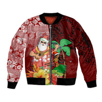 Hawaii Mele Kalikimaka Sleeve Zip Bomber Jacket Santa Claus and Hula Girl Tropical Folwer with Hawaiian Pattern LT03 Unisex Red - Polynesian Pride
