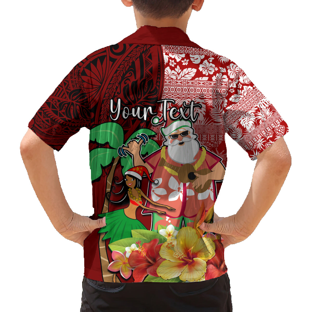 Custom Hawaii Mele Kalikimaka Family Matching Off Shoulder Short Dress and Hawaiian Shirt Santa Claus and Hula Girl Tropical Folwer with Hawaiian Pattern LT03 - Polynesian Pride