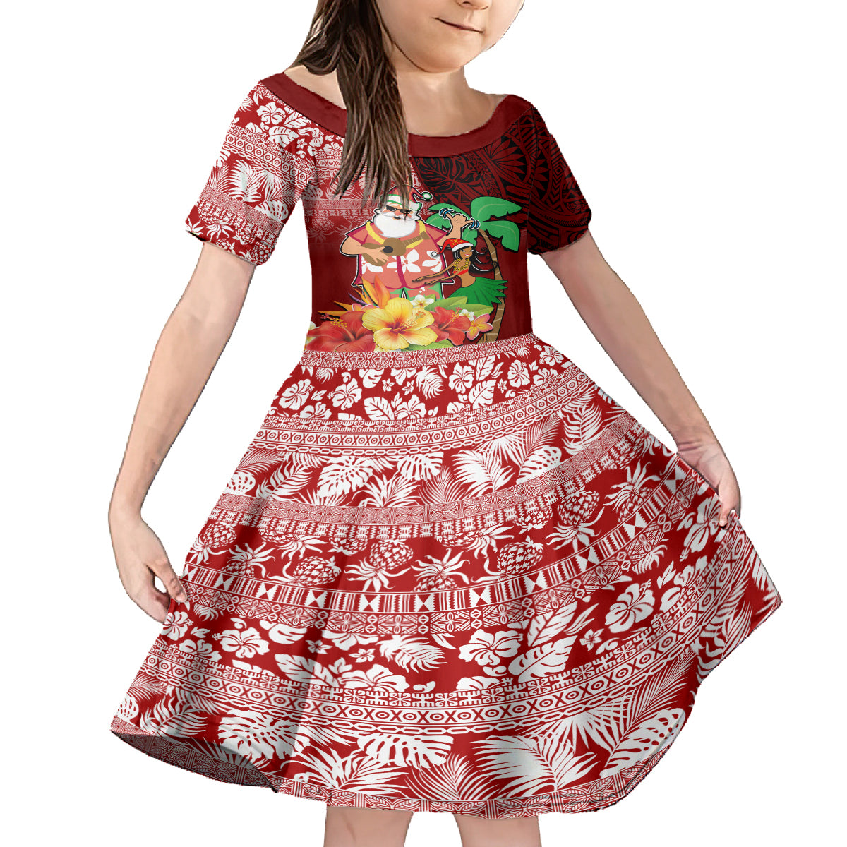Custom Hawaii Mele Kalikimaka Family Matching Summer Maxi Dress and Hawaiian Shirt Santa Claus and Hula Girl Tropical Folwer with Hawaiian Pattern LT03 Daughter's Dress Red - Polynesian Pride