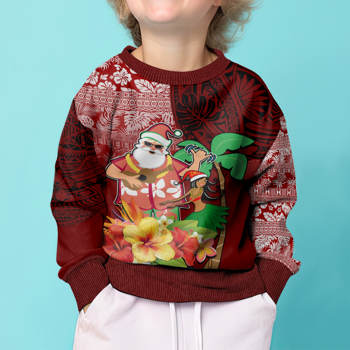 Custom Hawaii Mele Kalikimaka Kid Ugly Christmas Sweater Santa Claus and Hula Girl Tropical Folwer with Hawaiian Pattern LT03 - Polynesian Pride