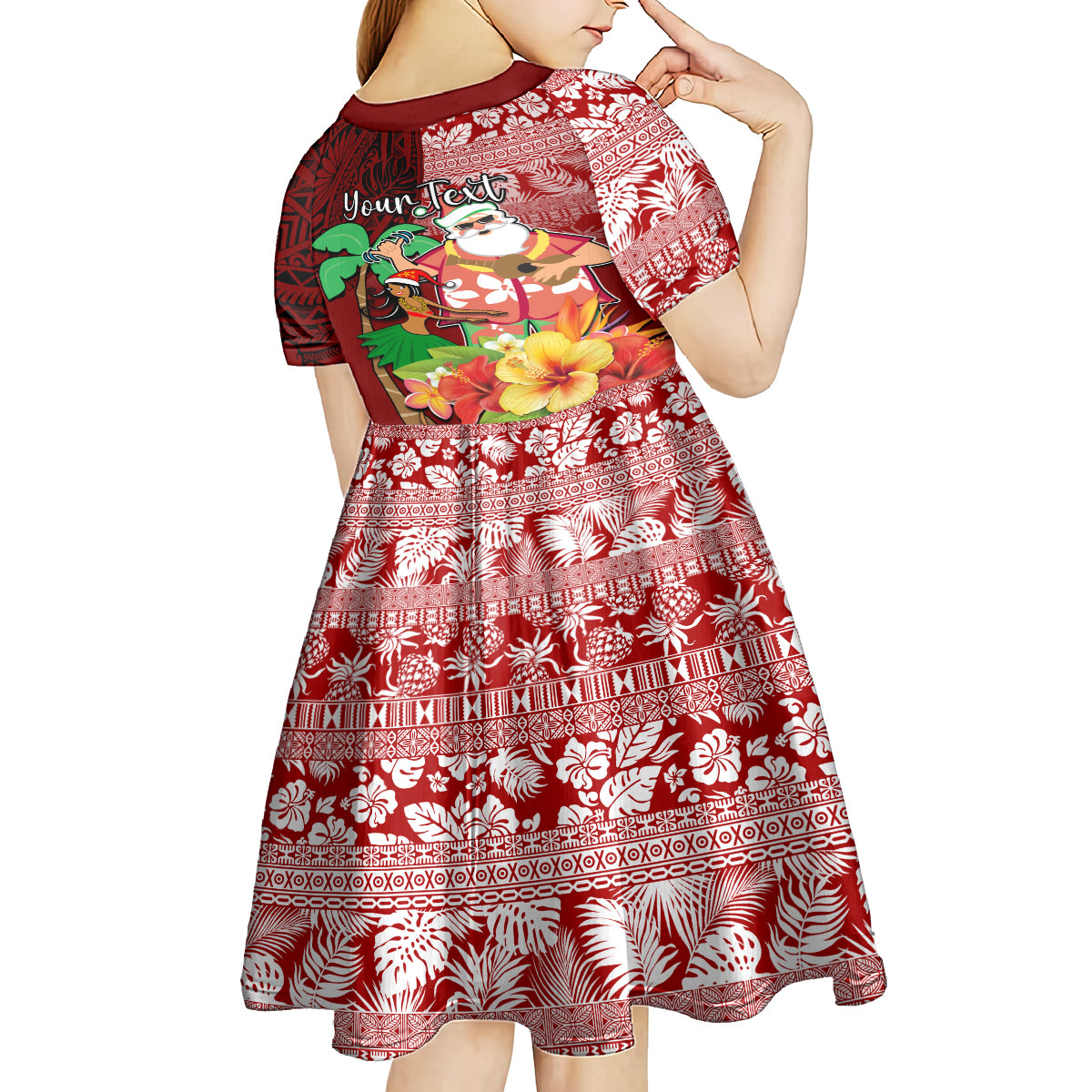 Custom Hawaii Mele Kalikimaka Kid Short Sleeve Dress Santa Claus and Hula Girl Tropical Folwer with Hawaiian Pattern LT03 - Polynesian Pride