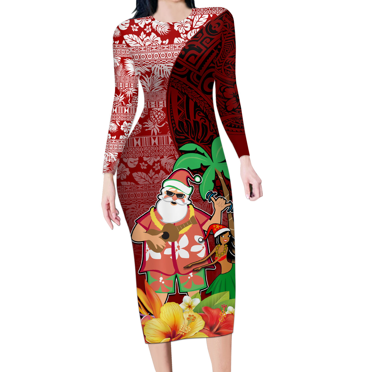 Custom Hawaii Mele Kalikimaka Long Sleeve Bodycon Dress Santa Claus and Hula Girl Tropical Folwer with Hawaiian Pattern LT03 Long Dress Red - Polynesian Pride