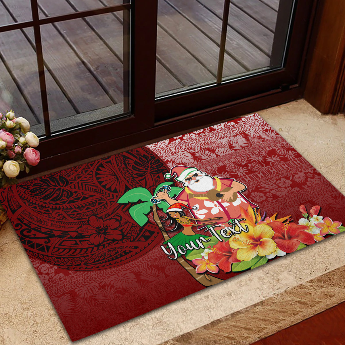 Custom Hawaii Mele Kalikimaka Rubber Doormat Santa Claus and Hula Girl Tropical Folwer with Hawaiian Pattern LT03 - Polynesian Pride