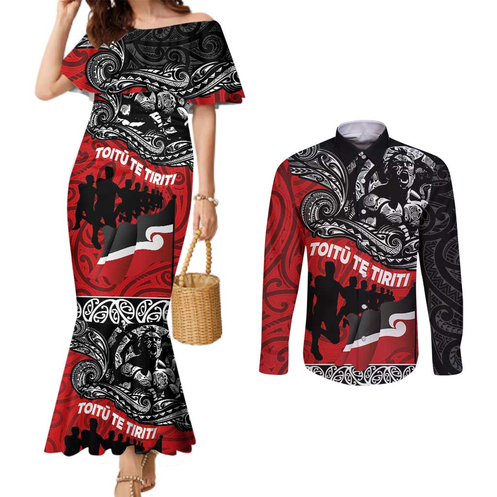 Aotearoa Toitu Te Tiriti Couples Matching Mermaid Dress and Long Sleeve Button Shirt Honoring Te Tiriti o Waitangi Maori Haka LT03 Red - Polynesian Pride