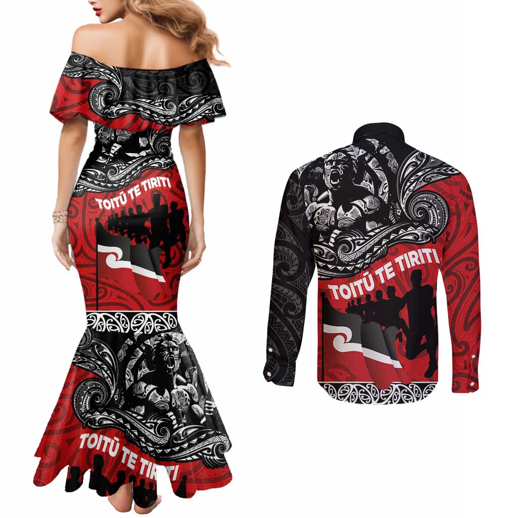 Aotearoa Toitu Te Tiriti Couples Matching Mermaid Dress and Long Sleeve Button Shirt Honoring Te Tiriti o Waitangi Maori Haka LT03 - Polynesian Pride