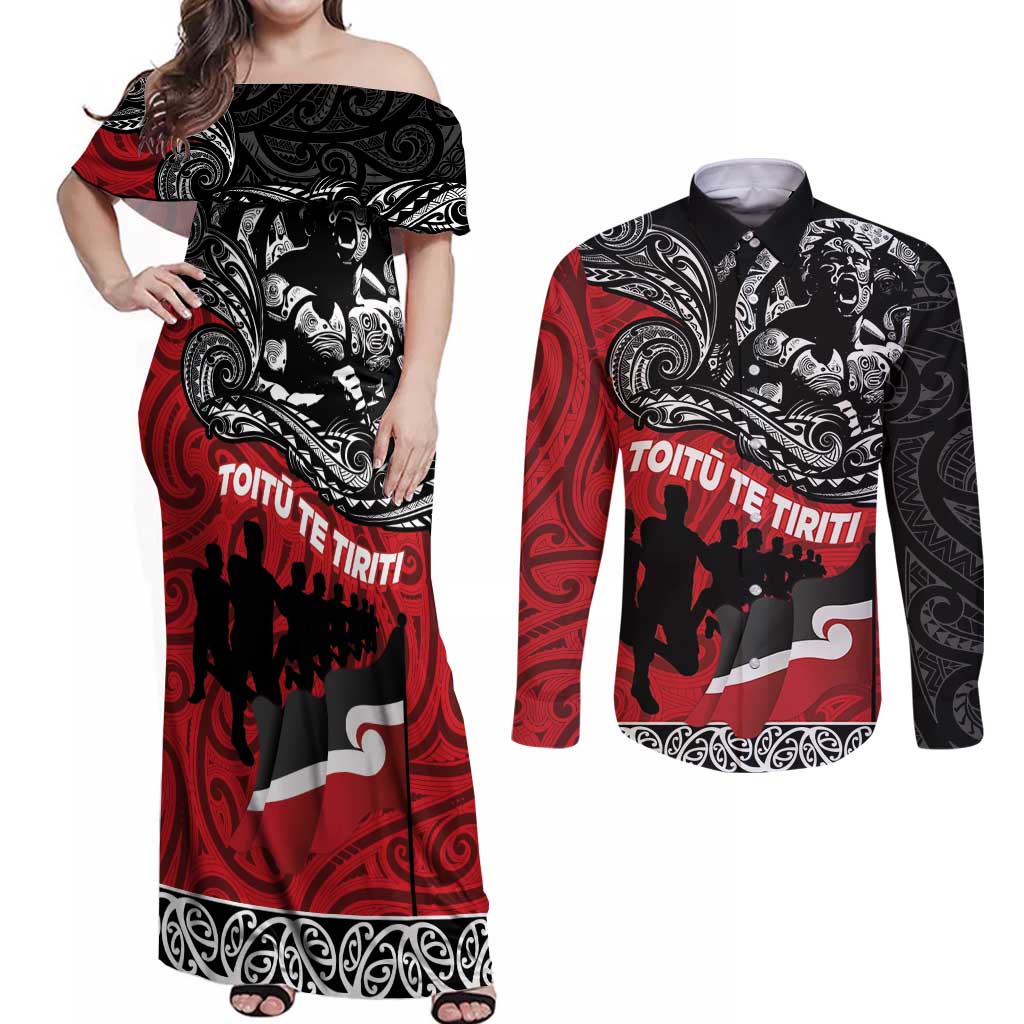 Aotearoa Toitu Te Tiriti Couples Matching Off Shoulder Maxi Dress and Long Sleeve Button Shirt Honoring Te Tiriti o Waitangi Maori Haka LT03 Red - Polynesian Pride