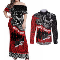 Aotearoa Toitu Te Tiriti Couples Matching Off Shoulder Maxi Dress and Long Sleeve Button Shirt Honoring Te Tiriti o Waitangi Maori Haka LT03 Red - Polynesian Pride