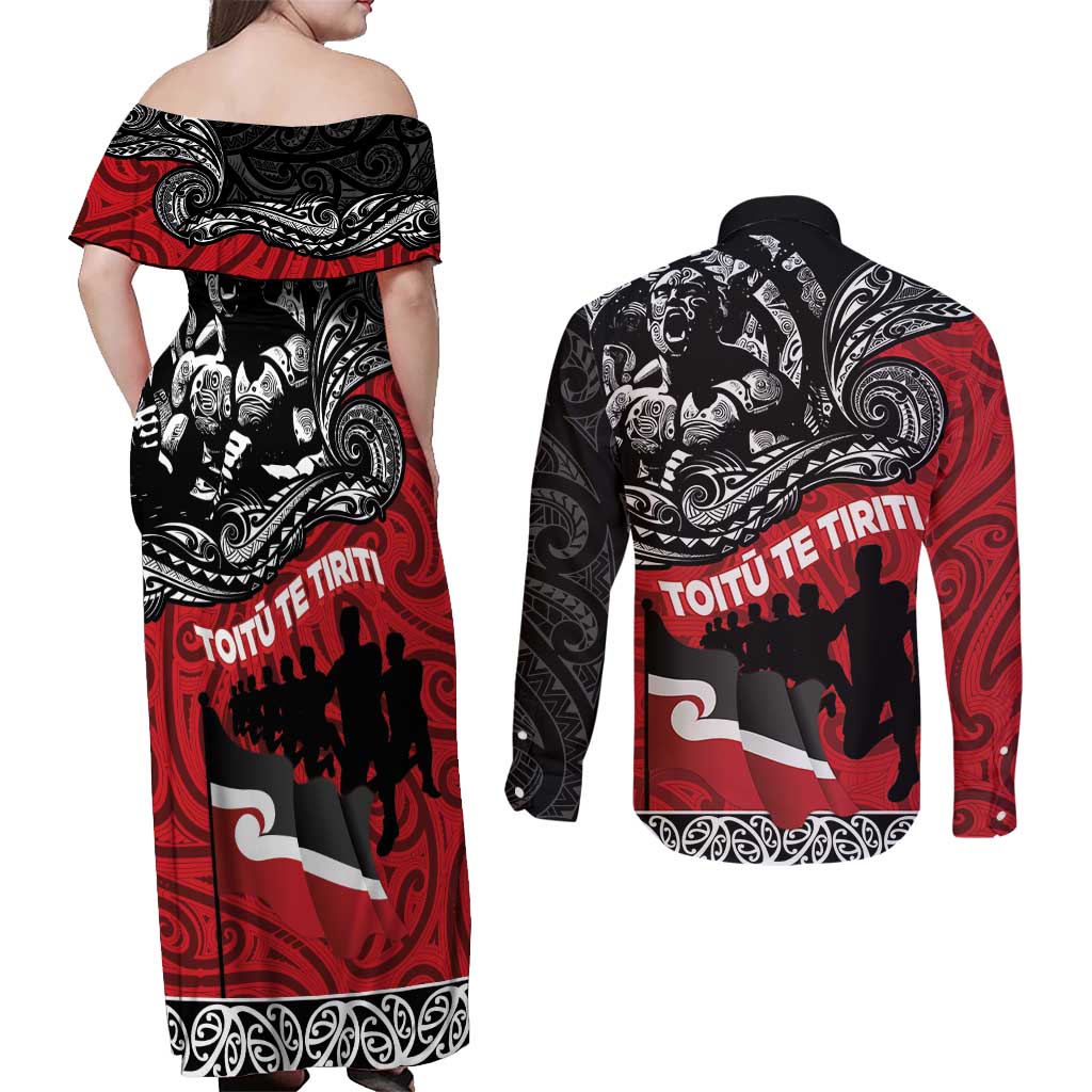 Aotearoa Toitu Te Tiriti Couples Matching Off Shoulder Maxi Dress and Long Sleeve Button Shirt Honoring Te Tiriti o Waitangi Maori Haka LT03 - Polynesian Pride
