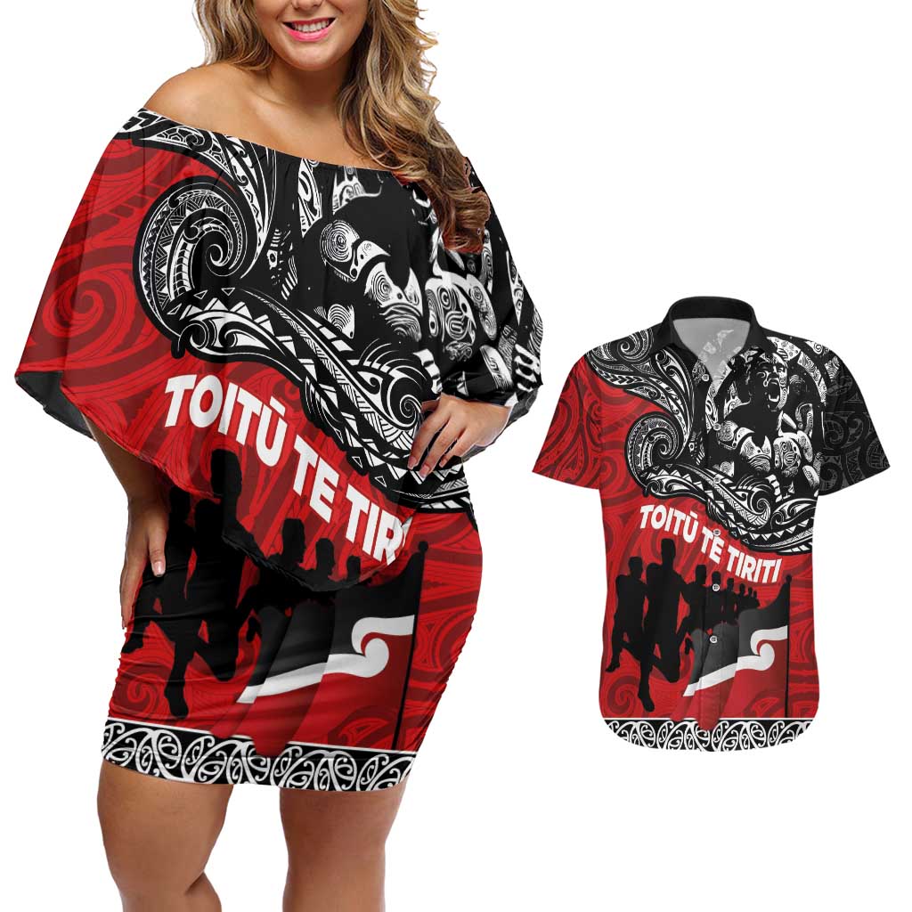 Aotearoa Toitu Te Tiriti Couples Matching Off Shoulder Short Dress and Hawaiian Shirt Honoring Te Tiriti o Waitangi Maori Haka LT03 Red - Polynesian Pride