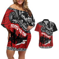 Aotearoa Toitu Te Tiriti Couples Matching Off Shoulder Short Dress and Hawaiian Shirt Honoring Te Tiriti o Waitangi Maori Haka LT03 Red - Polynesian Pride