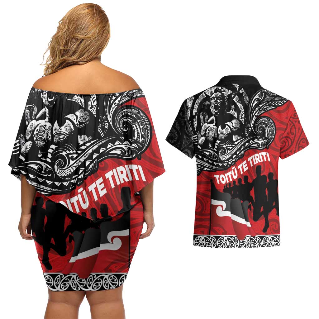 Aotearoa Toitu Te Tiriti Couples Matching Off Shoulder Short Dress and Hawaiian Shirt Honoring Te Tiriti o Waitangi Maori Haka LT03 - Polynesian Pride