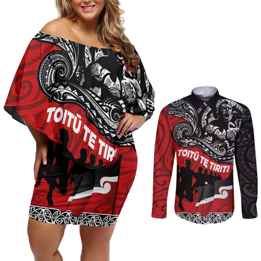 Aotearoa Toitu Te Tiriti Couples Matching Off Shoulder Short Dress and Long Sleeve Button Shirt Honoring Te Tiriti o Waitangi Maori Haka LT03 Red - Polynesian Pride