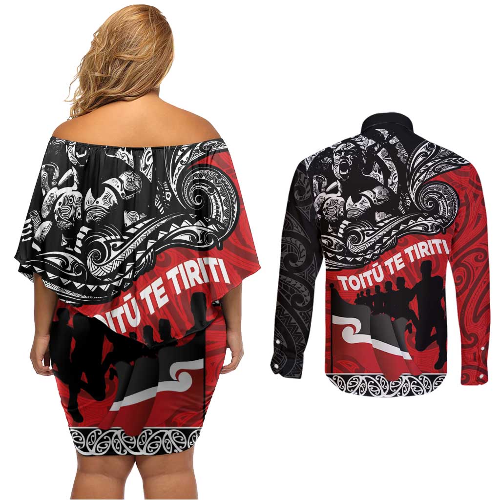 Aotearoa Toitu Te Tiriti Couples Matching Off Shoulder Short Dress and Long Sleeve Button Shirt Honoring Te Tiriti o Waitangi Maori Haka LT03 - Polynesian Pride