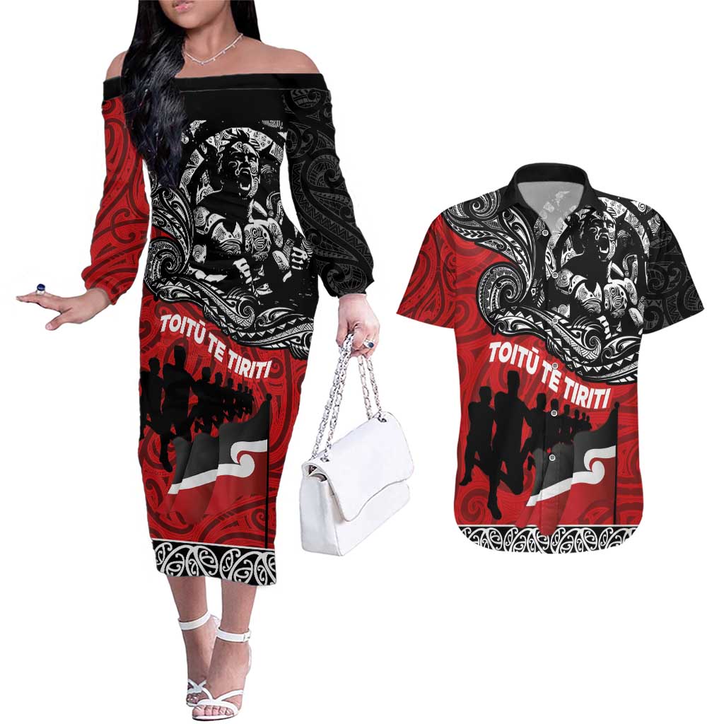 Aotearoa Toitu Te Tiriti Couples Matching Off The Shoulder Long Sleeve Dress and Hawaiian Shirt Honoring Te Tiriti o Waitangi Maori Haka LT03 Red - Polynesian Pride