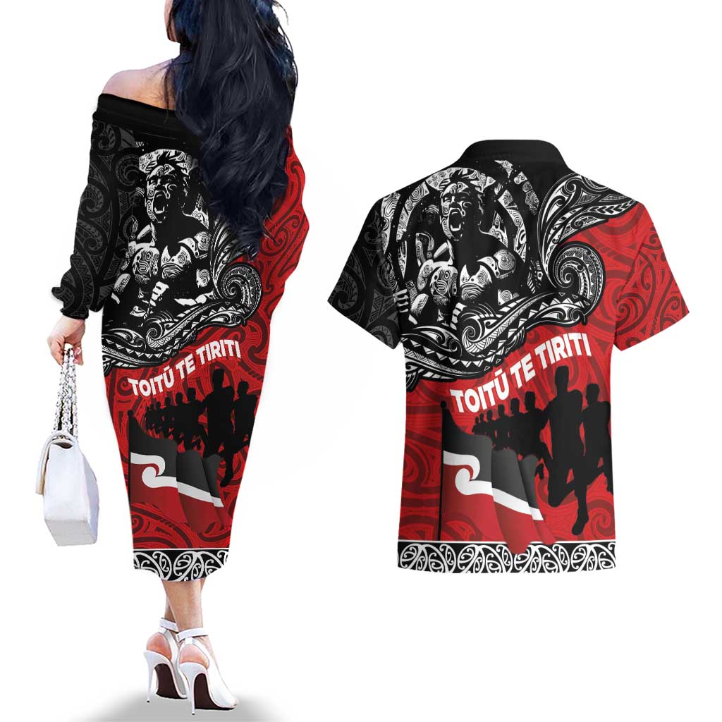 Aotearoa Toitu Te Tiriti Couples Matching Off The Shoulder Long Sleeve Dress and Hawaiian Shirt Honoring Te Tiriti o Waitangi Maori Haka LT03 - Polynesian Pride