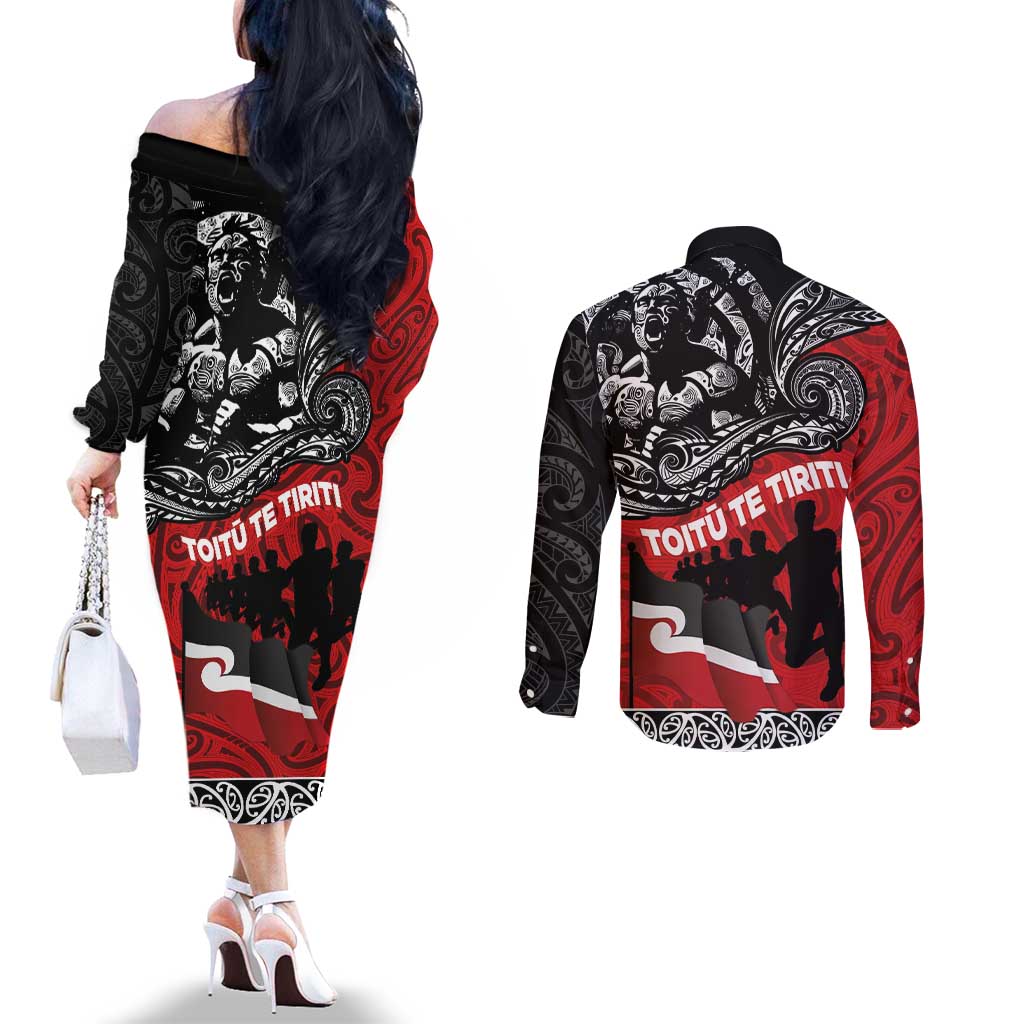 Aotearoa Toitu Te Tiriti Couples Matching Off The Shoulder Long Sleeve Dress and Long Sleeve Button Shirt Honoring Te Tiriti o Waitangi Maori Haka LT03 - Polynesian Pride
