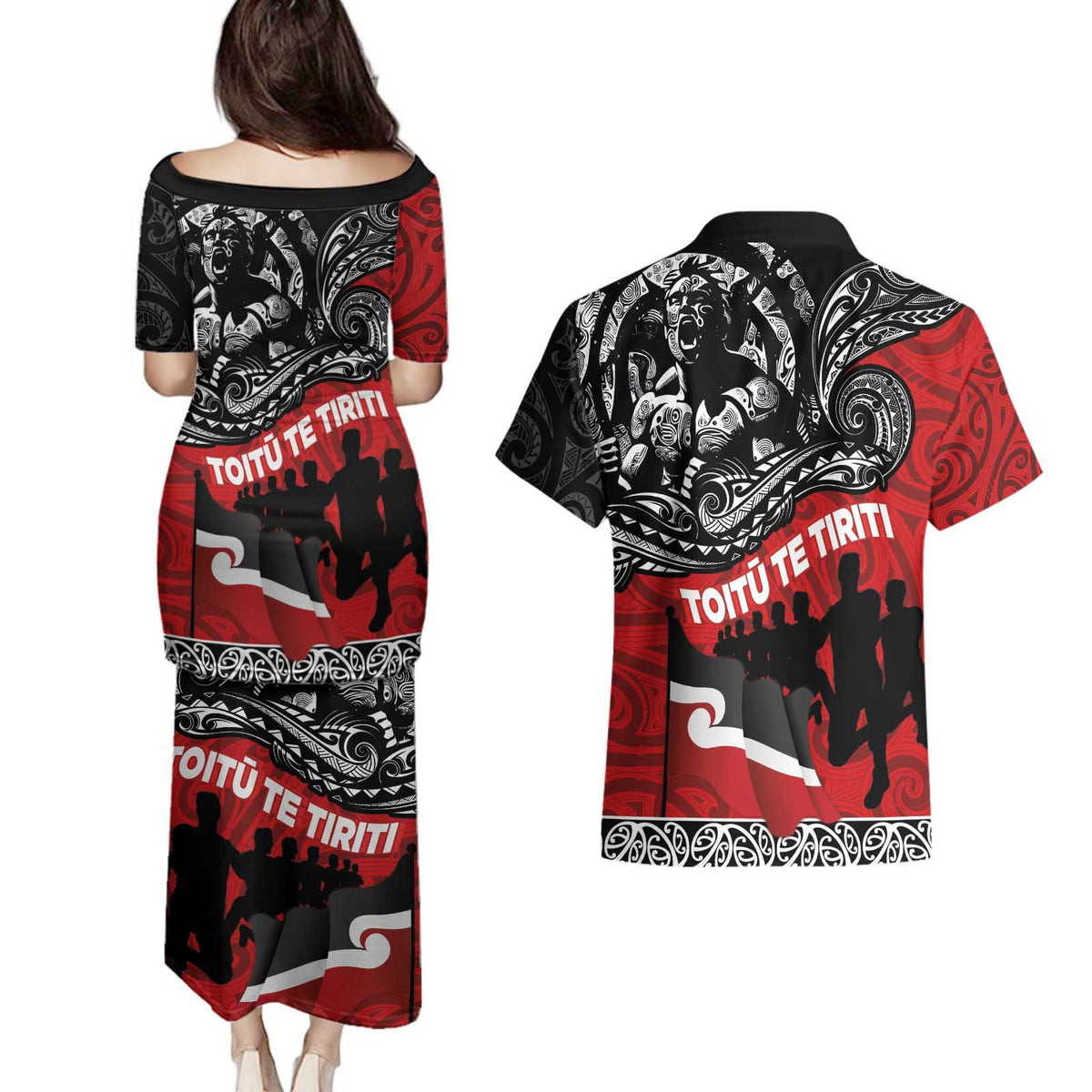 Aotearoa Toitu Te Tiriti Couples Matching Puletasi and Hawaiian Shirt Honoring Te Tiriti o Waitangi Maori Haka LT03 - Polynesian Pride
