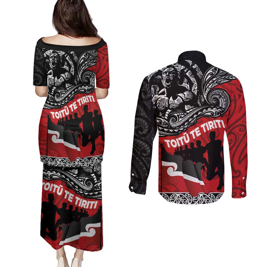 Aotearoa Toitu Te Tiriti Couples Matching Puletasi and Long Sleeve Button Shirt Honoring Te Tiriti o Waitangi Maori Haka LT03 - Polynesian Pride