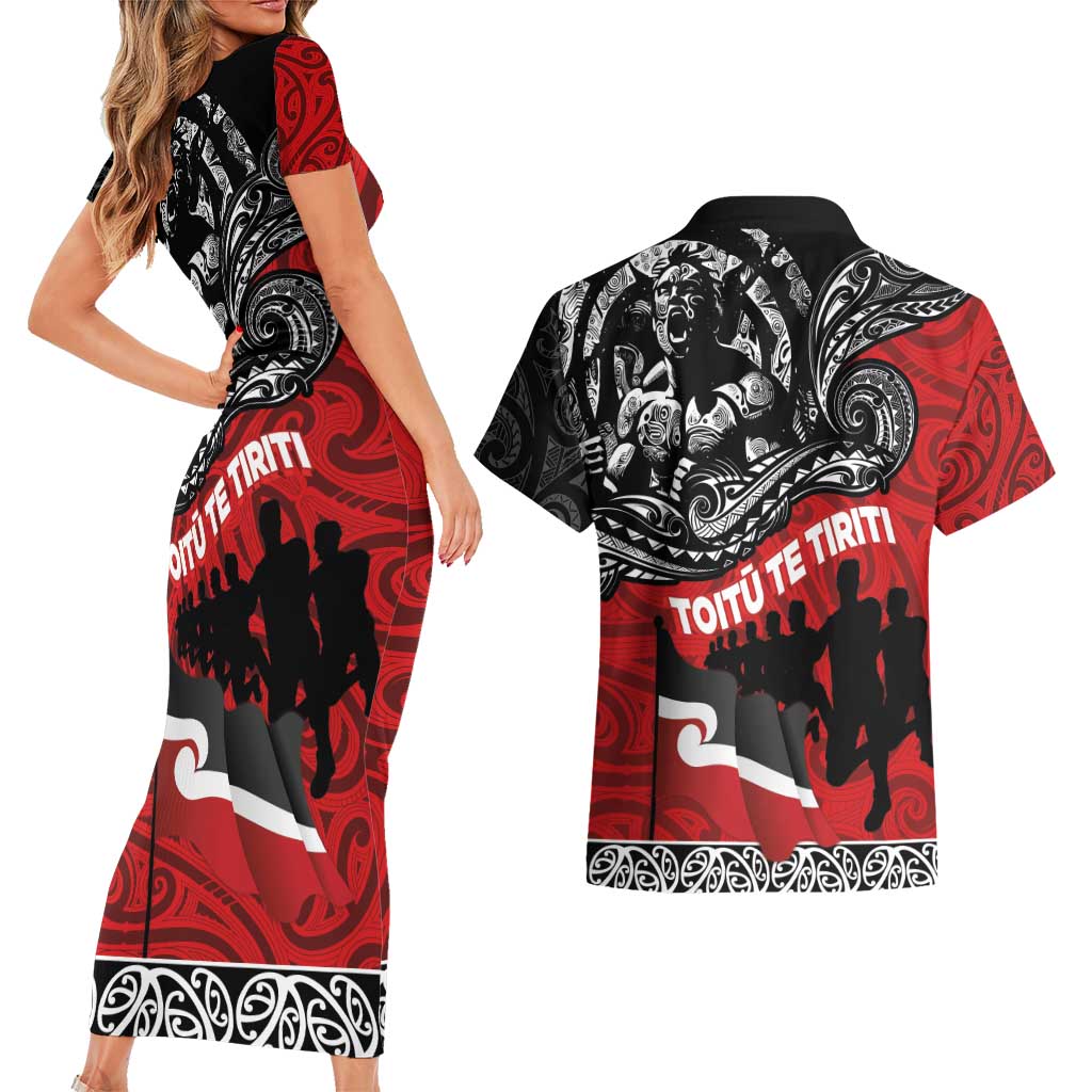 Aotearoa Toitu Te Tiriti Couples Matching Short Sleeve Bodycon Dress and Hawaiian Shirt Honoring Te Tiriti o Waitangi Maori Haka LT03 - Polynesian Pride