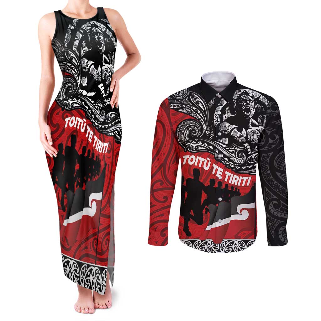 Aotearoa Toitu Te Tiriti Couples Matching Tank Maxi Dress and Long Sleeve Button Shirt Honoring Te Tiriti o Waitangi Maori Haka LT03 Red - Polynesian Pride