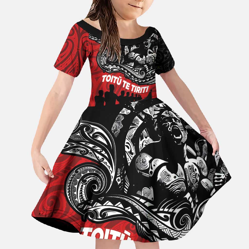 Aotearoa Toitu Te Tiriti Family Matching Long Sleeve Bodycon Dress and Hawaiian Shirt Honoring Te Tiriti o Waitangi Maori Haka LT03 Daughter's Dress Red - Polynesian Pride