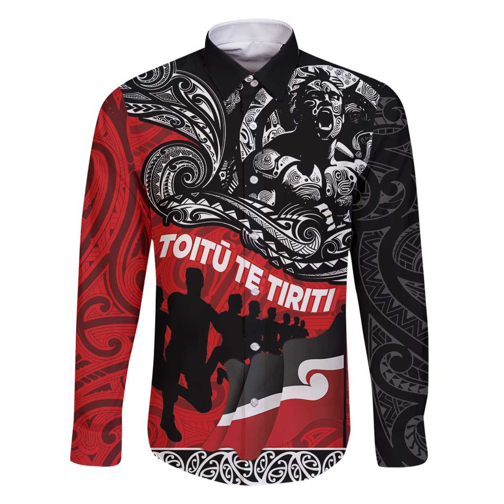 Aotearoa Toitu Te Tiriti Family Matching Long Sleeve Bodycon Dress and Hawaiian Shirt Honoring Te Tiriti o Waitangi Maori Haka LT03 Dad's Shirt - Long Sleeve Red - Polynesian Pride