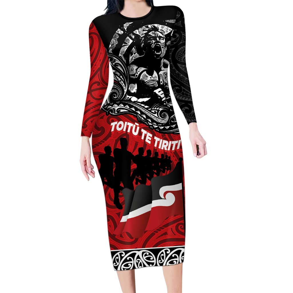 Aotearoa Toitu Te Tiriti Family Matching Long Sleeve Bodycon Dress and Hawaiian Shirt Honoring Te Tiriti o Waitangi Maori Haka LT03 Mom's Dress Red - Polynesian Pride