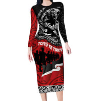 Aotearoa Toitu Te Tiriti Family Matching Long Sleeve Bodycon Dress and Hawaiian Shirt Honoring Te Tiriti o Waitangi Maori Haka LT03 Mom's Dress Red - Polynesian Pride