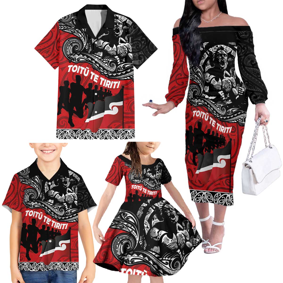 Aotearoa Toitu Te Tiriti Family Matching Off The Shoulder Long Sleeve Dress and Hawaiian Shirt Honoring Te Tiriti o Waitangi Maori Haka LT03 - Polynesian Pride