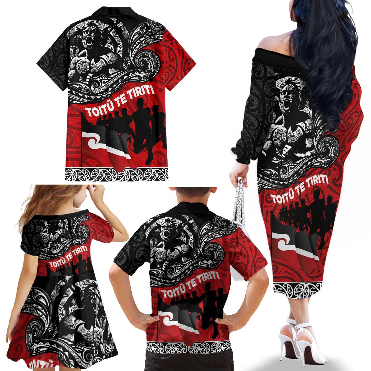 Aotearoa Toitu Te Tiriti Family Matching Off The Shoulder Long Sleeve Dress and Hawaiian Shirt Honoring Te Tiriti o Waitangi Maori Haka LT03 - Polynesian Pride