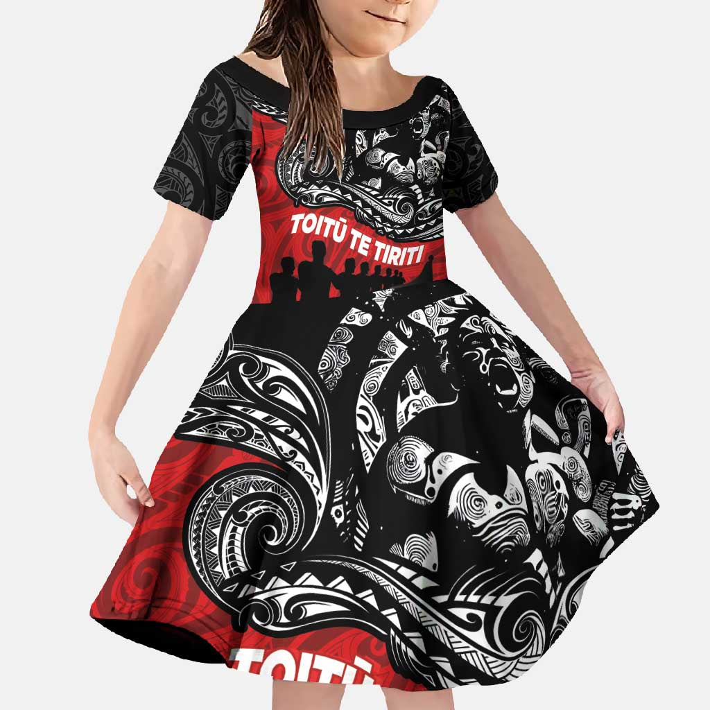 Aotearoa Toitu Te Tiriti Family Matching Off Shoulder Maxi Dress and Hawaiian Shirt Honoring Te Tiriti o Waitangi Maori Haka LT03 Daughter's Dress Red - Polynesian Pride
