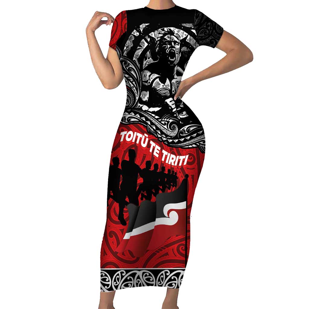 Aotearoa Toitu Te Tiriti Family Matching Short Sleeve Bodycon Dress and Hawaiian Shirt Honoring Te Tiriti o Waitangi Maori Haka LT03 Mom's Dress Red - Polynesian Pride