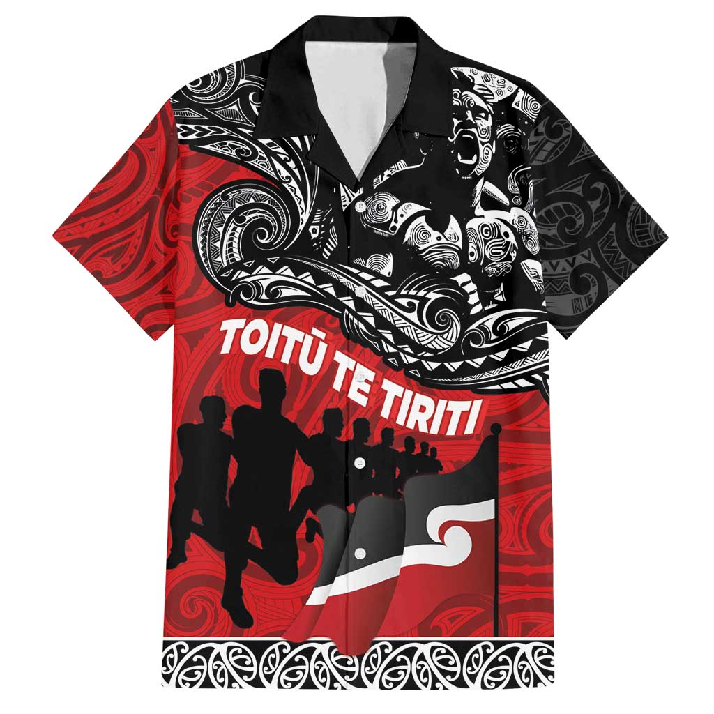 Aotearoa Toitu Te Tiriti Family Matching Summer Maxi Dress and Hawaiian Shirt Honoring Te Tiriti o Waitangi Maori Haka LT03 Dad's Shirt - Short Sleeve Red - Polynesian Pride