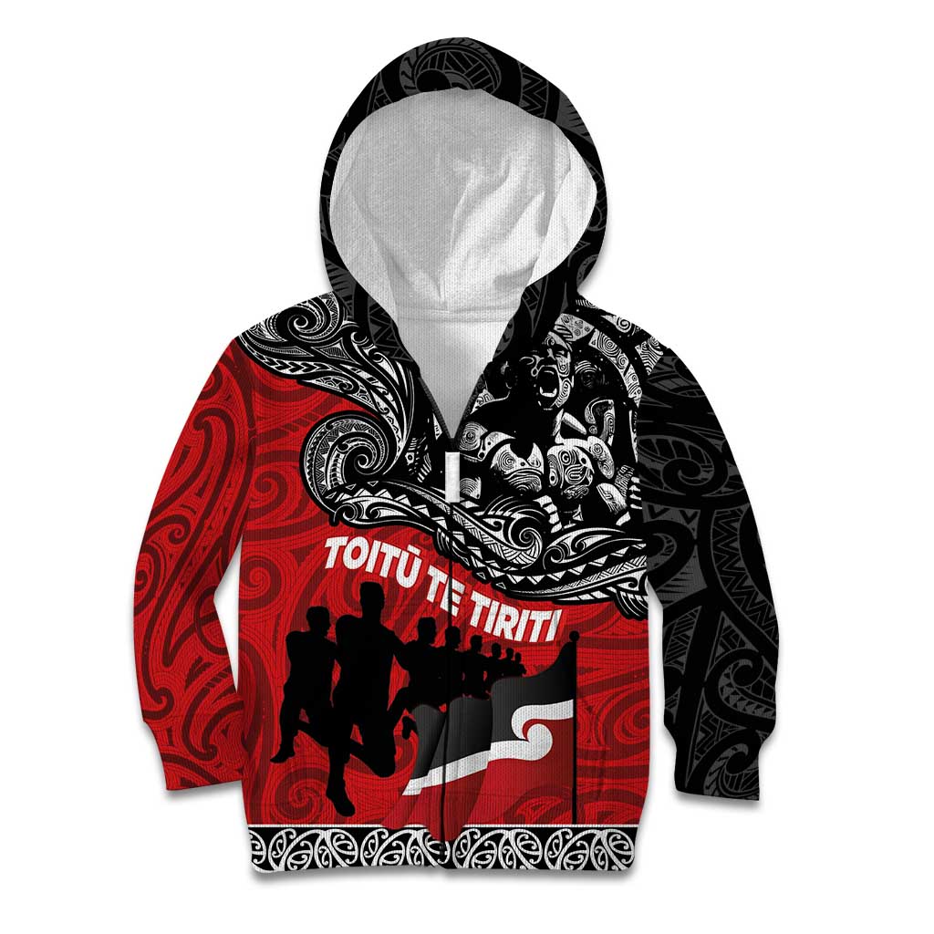 Aotearoa Toitu Te Tiriti Kid Hoodie Honoring Te Tiriti o Waitangi Maori Haka LT03 Zip Hoodie Red - Polynesian Pride