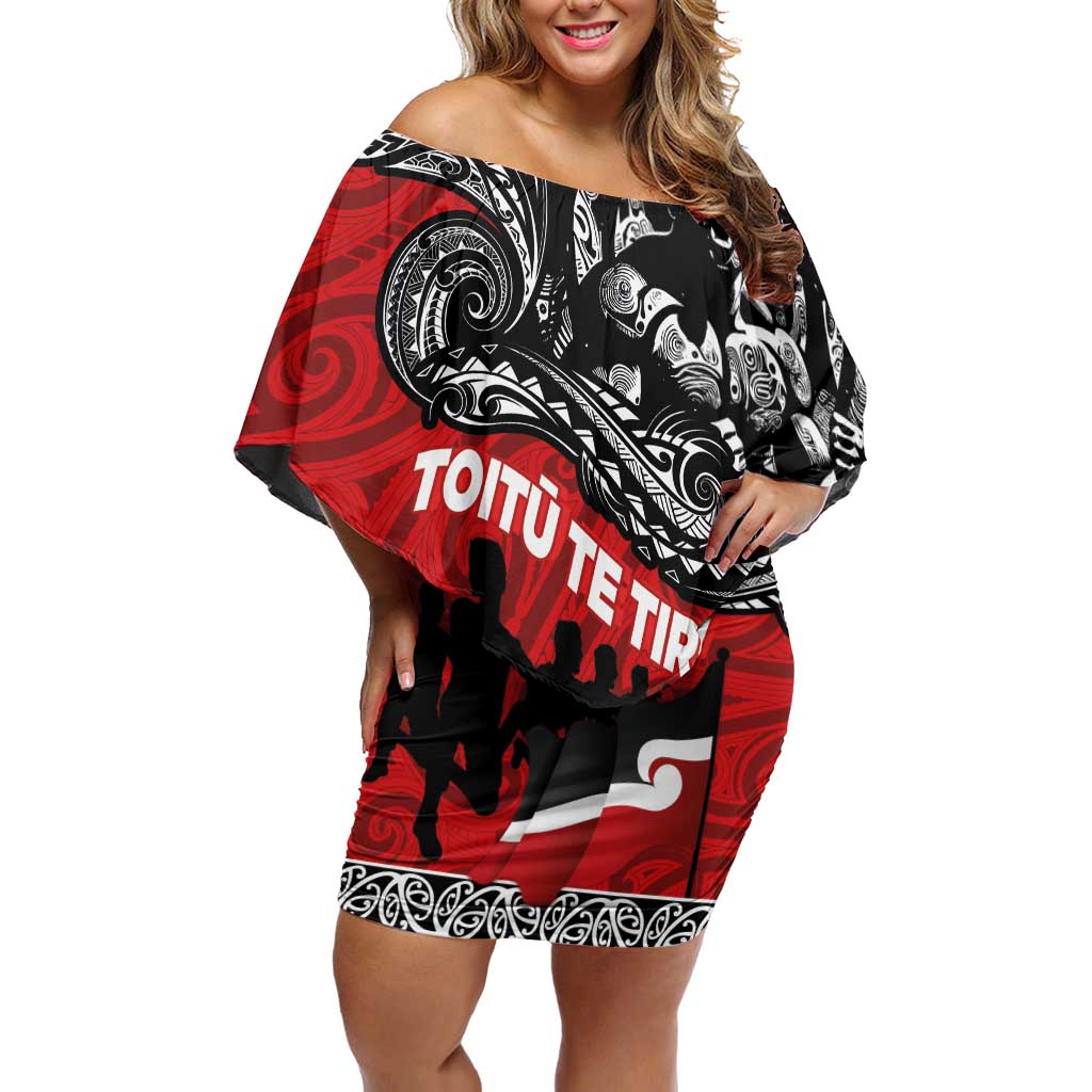 Aotearoa Toitu Te Tiriti Off Shoulder Short Dress Honoring Te Tiriti o Waitangi Maori Haka LT03 Women Red - Polynesian Pride